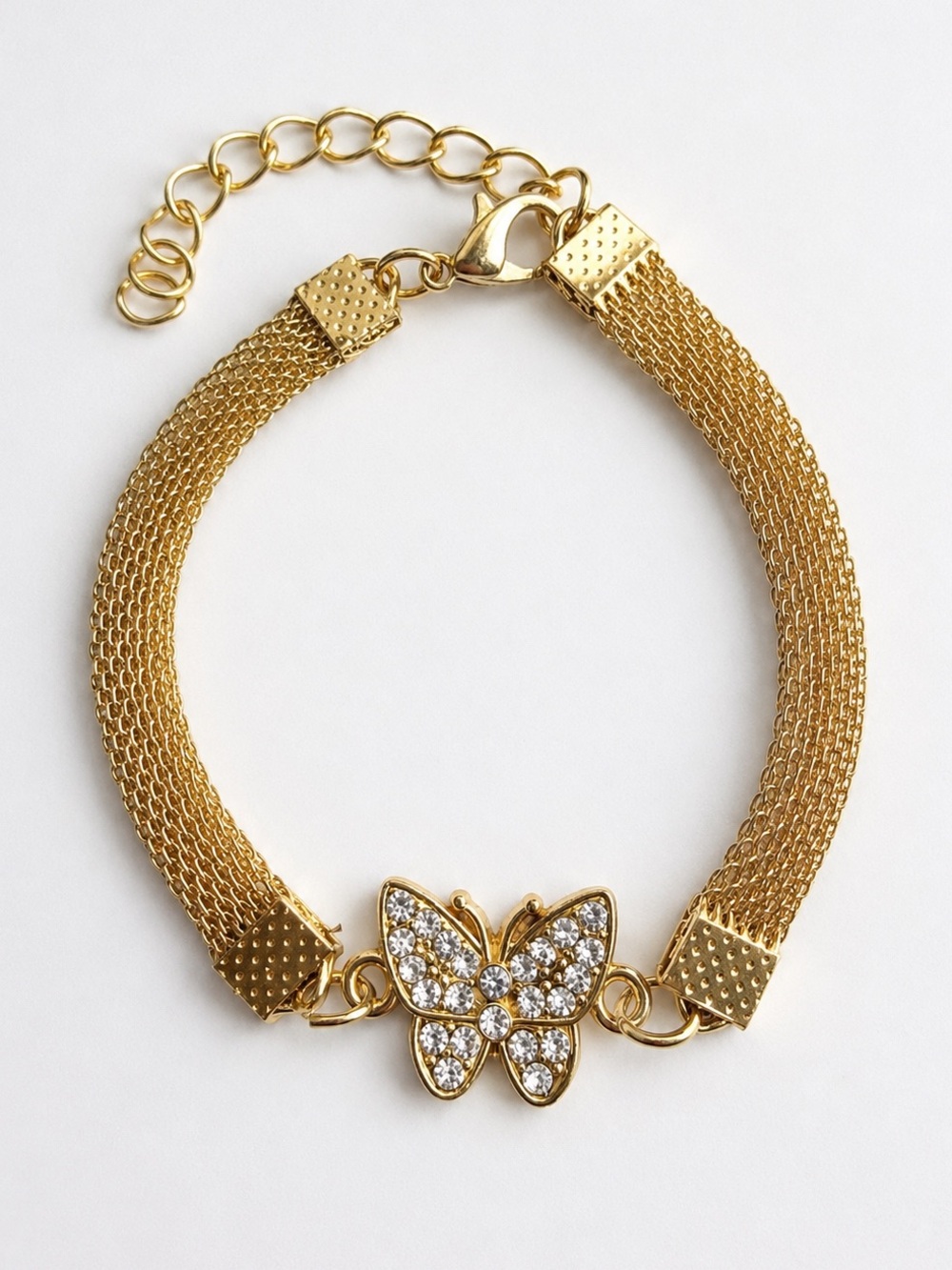 Crystal Butterfly Mesh Bracelet in Gold Tone - 6.5”-8”